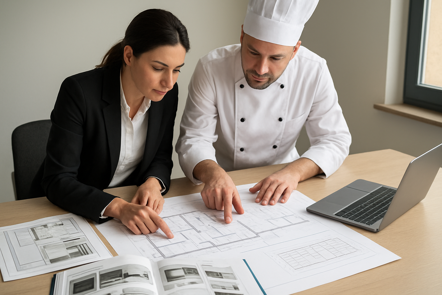 Planificación y diseño en un proyecto integral de hostelería Asesor y hostelero revisando el diseño de un proyecto integral de hostelería