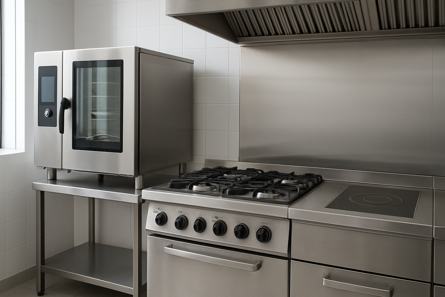 Zona de cocción en cocina profesional Zona de cocción profesional con horno mixto y cocina modular de inducción en restaurante