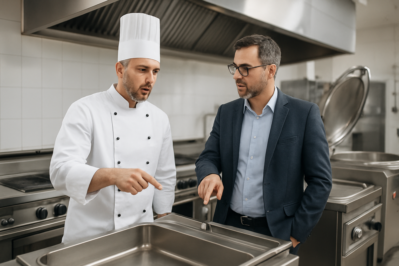 Asesoría en equipos de hostelería: chef y técnico evaluando maquinaria de cocina