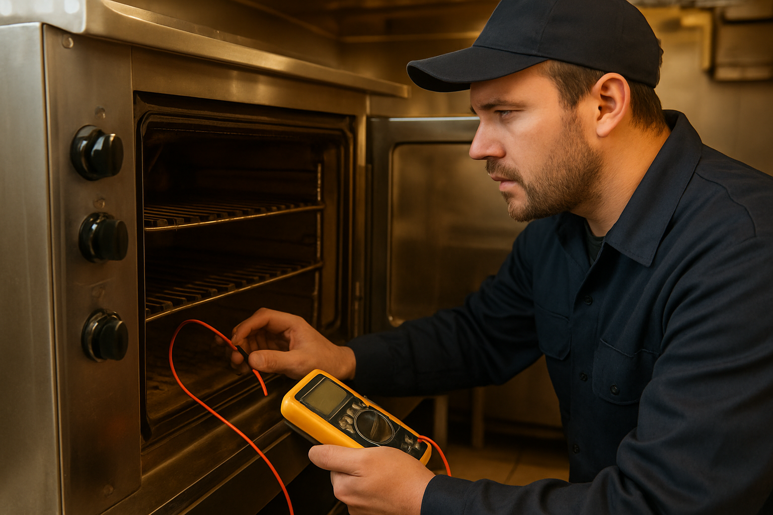 Diagnóstico de avería en horno industrial Técnico realizando diagnóstico de avería en horno de cocina profesional
