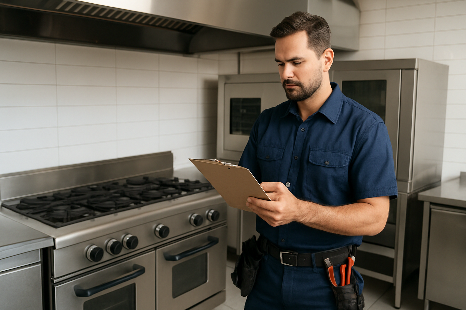 Mantenimiento preventivo de equipos de hostelería Técnico de mantenimiento revisando equipos de cocina profesional en hostelería
