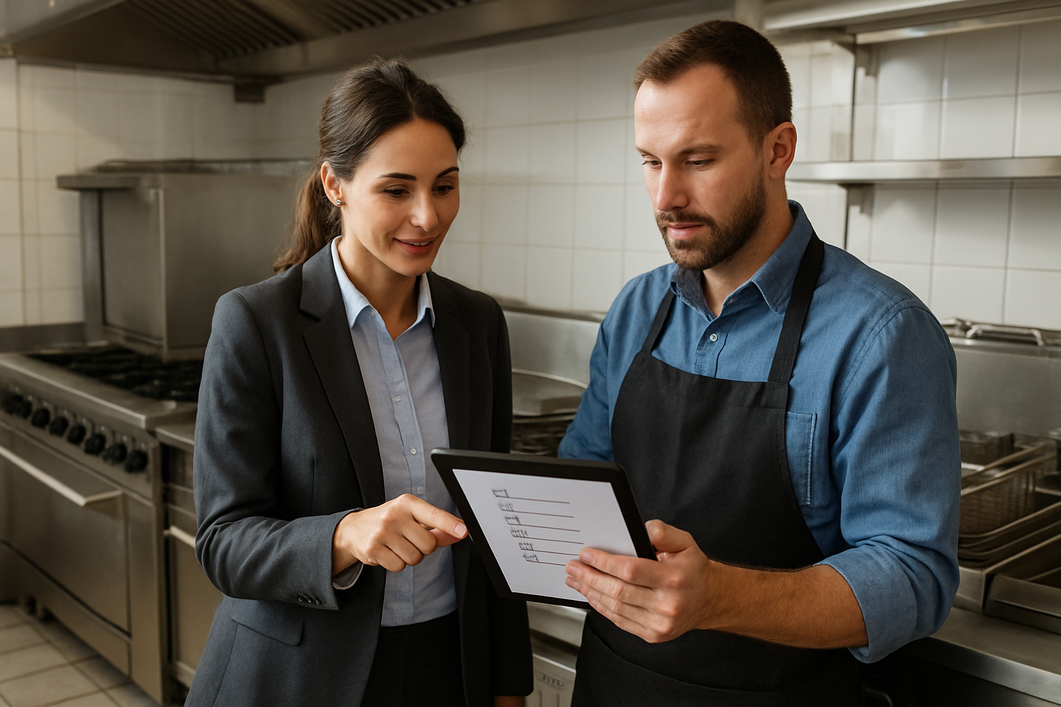 Asesoría en compra de maquinaria hostelera usada Asesor técnico y hostelero revisando equipos de cocina industrial de segunda mano