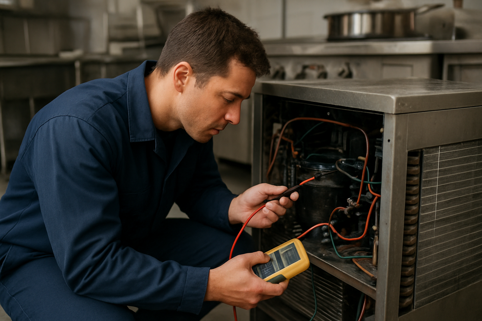 Inspección técnica de maquinaria hostelera de ocasión Técnico realizando inspección de equipo de frío comercial de segunda mano