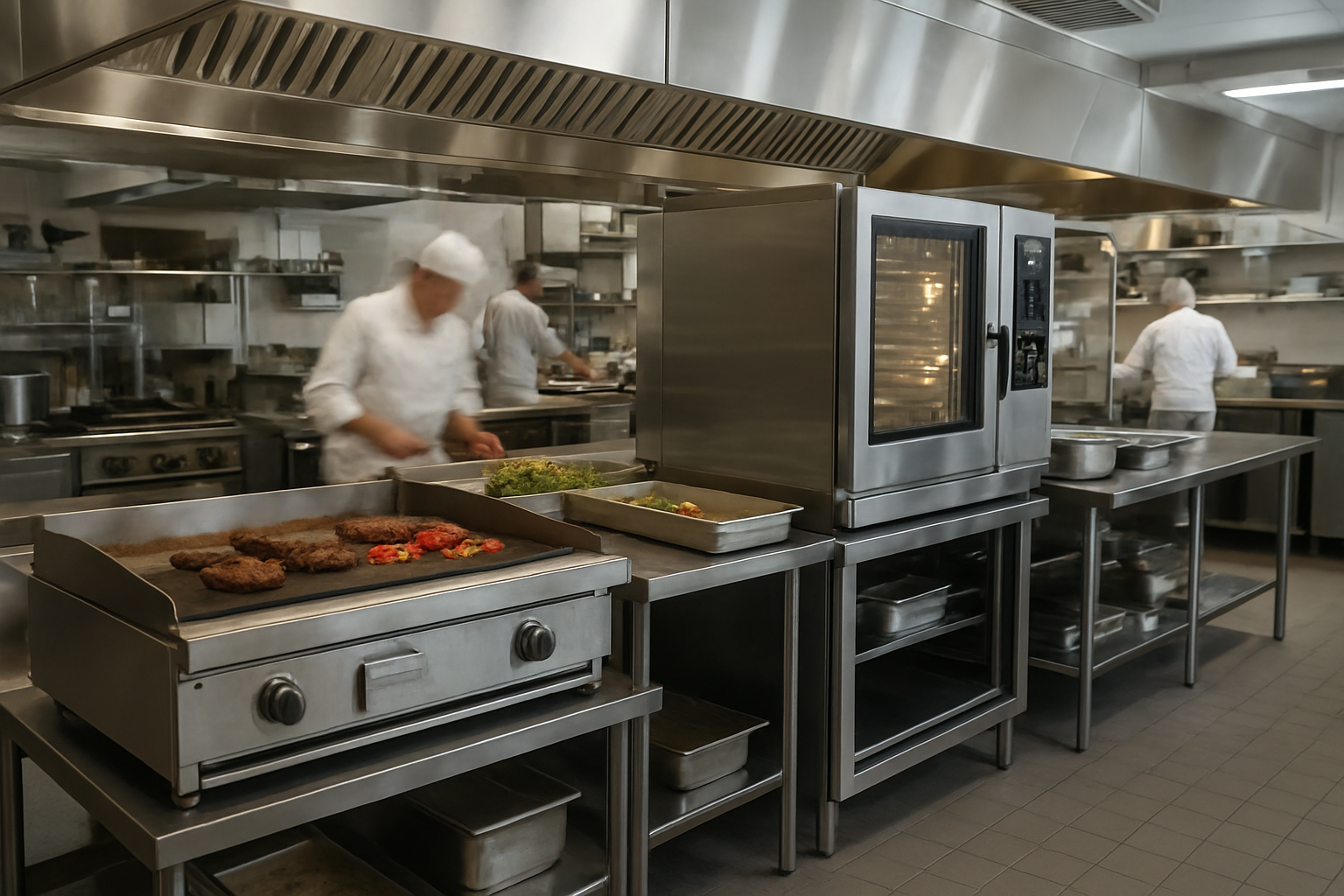 Equipos de cocción para bar profesional Equipos de cocción profesional en cocina de bar con plancha industrial y horno de convección