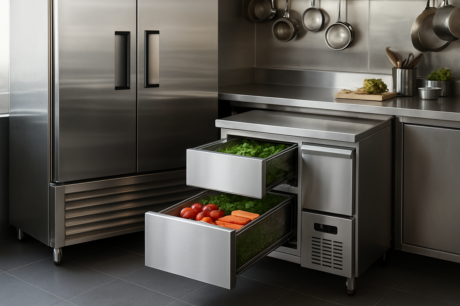 Frío comercial para hostelería Equipos de frío comercial en bar profesional con armarios refrigeradores y mesas frías de trabajo