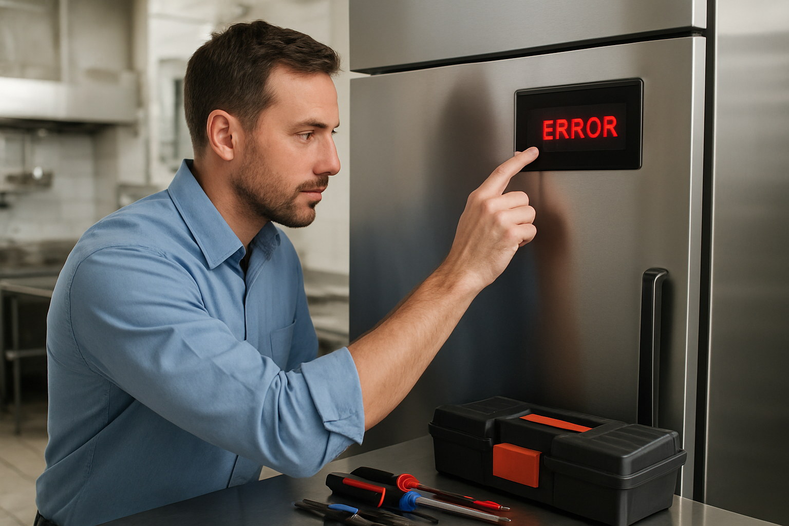 Diagnóstico de maquinaria hostelería Técnico especializado leyendo código de error en equipo de hostelería profesional