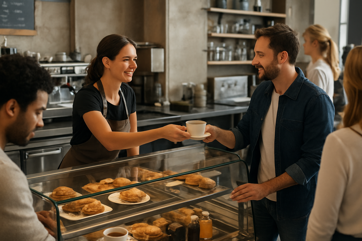 Cafetería en pleno servicio con equipamiento hostelero de lavado y frío comercial