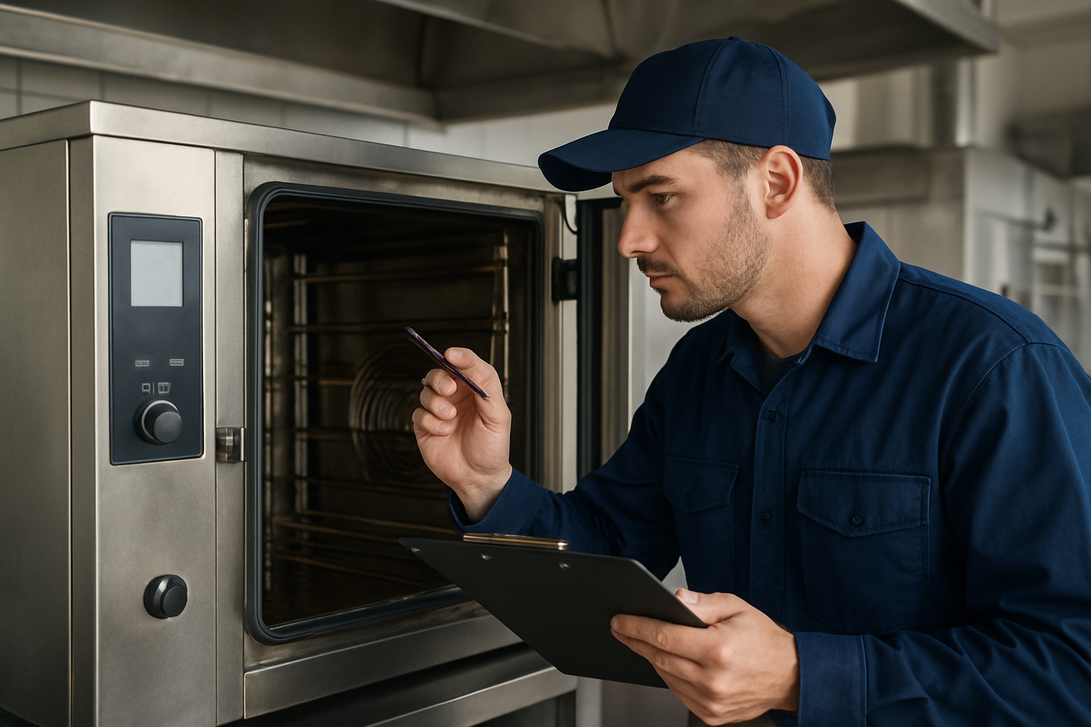 Técnico realizando revisión preventiva de equipos en cocina industrial