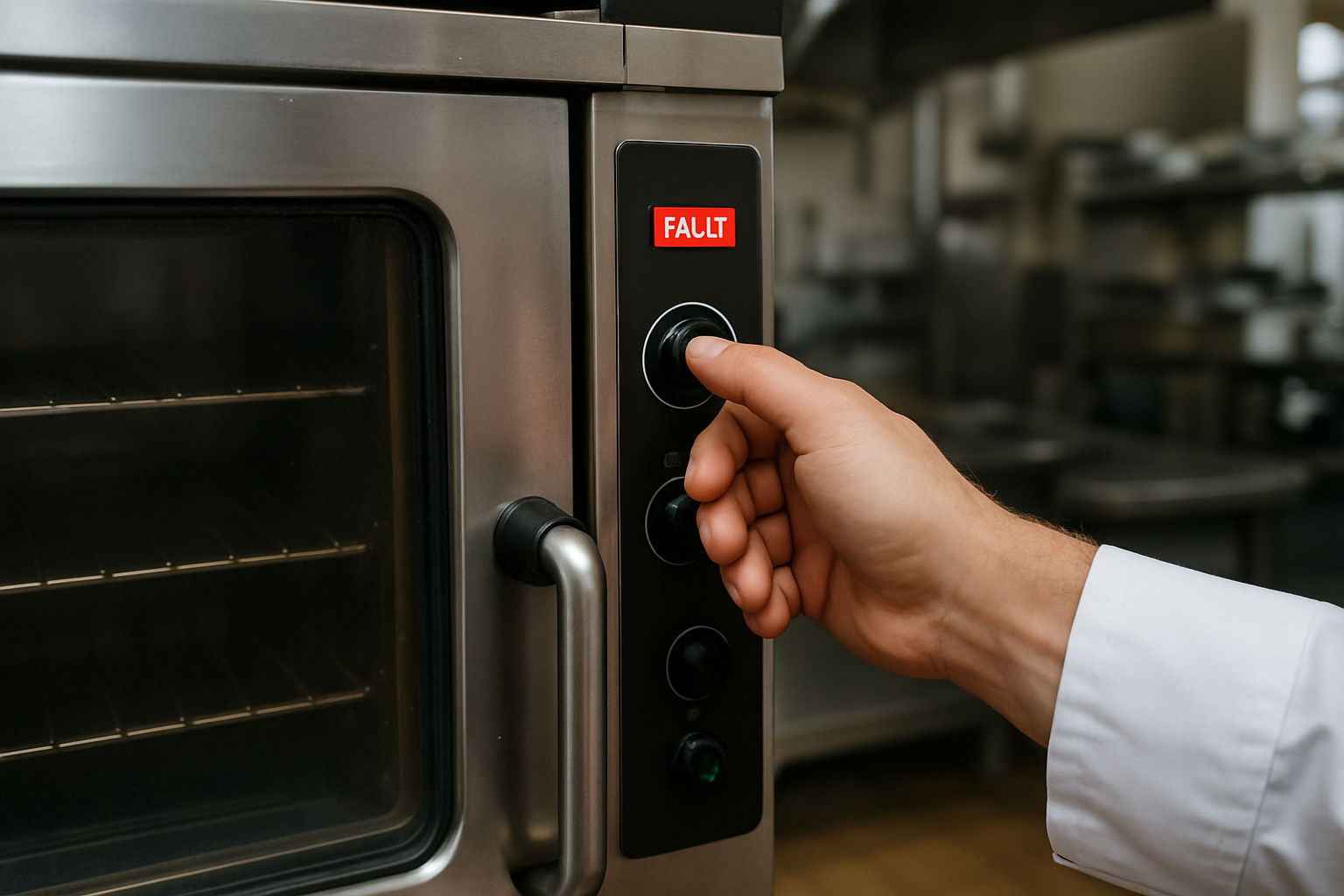 Avería en horno de cocina profesional con indicador de fallo visible