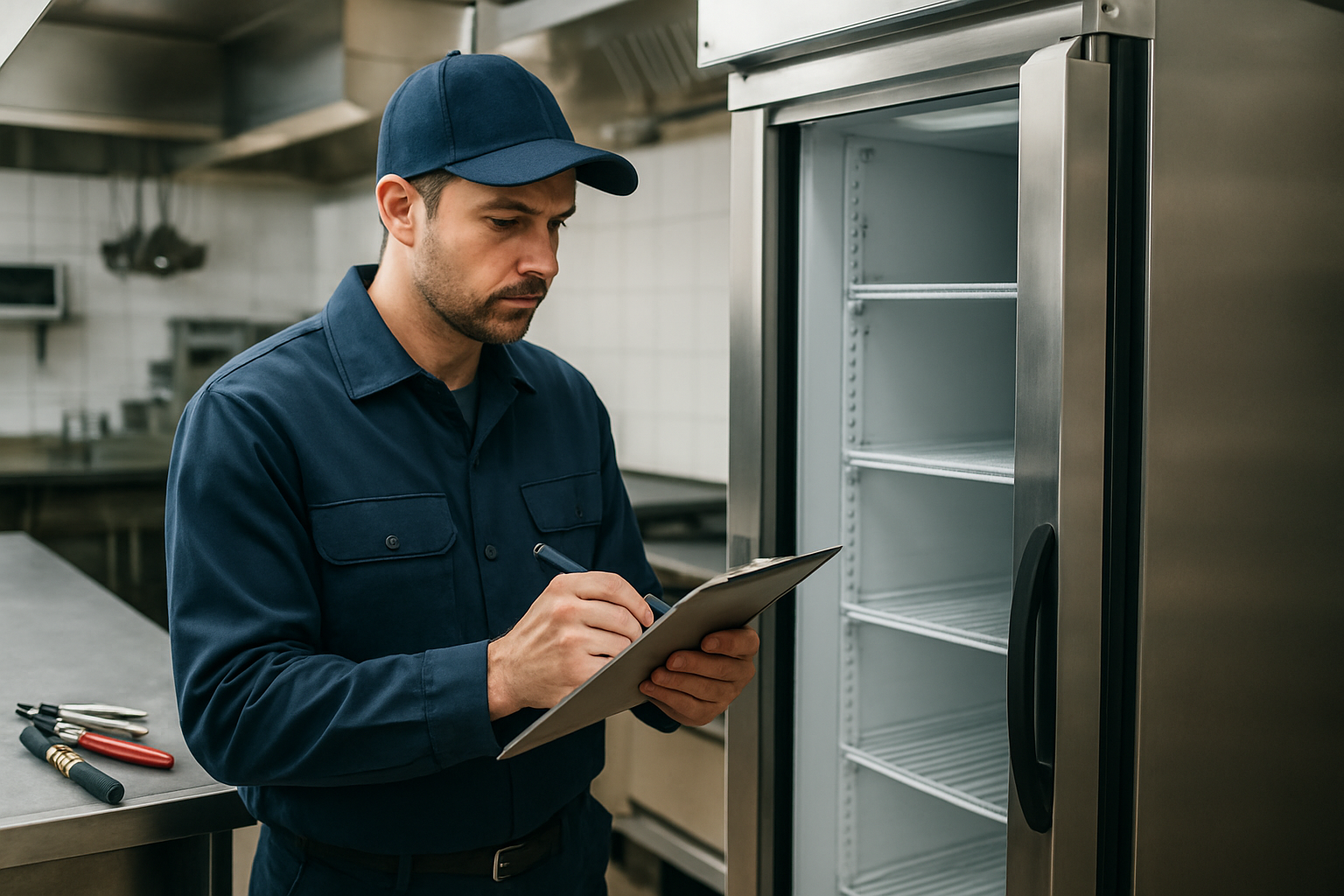 Técnico de mantenimiento inspeccionando cámara frigorífica en cocina de restaurante