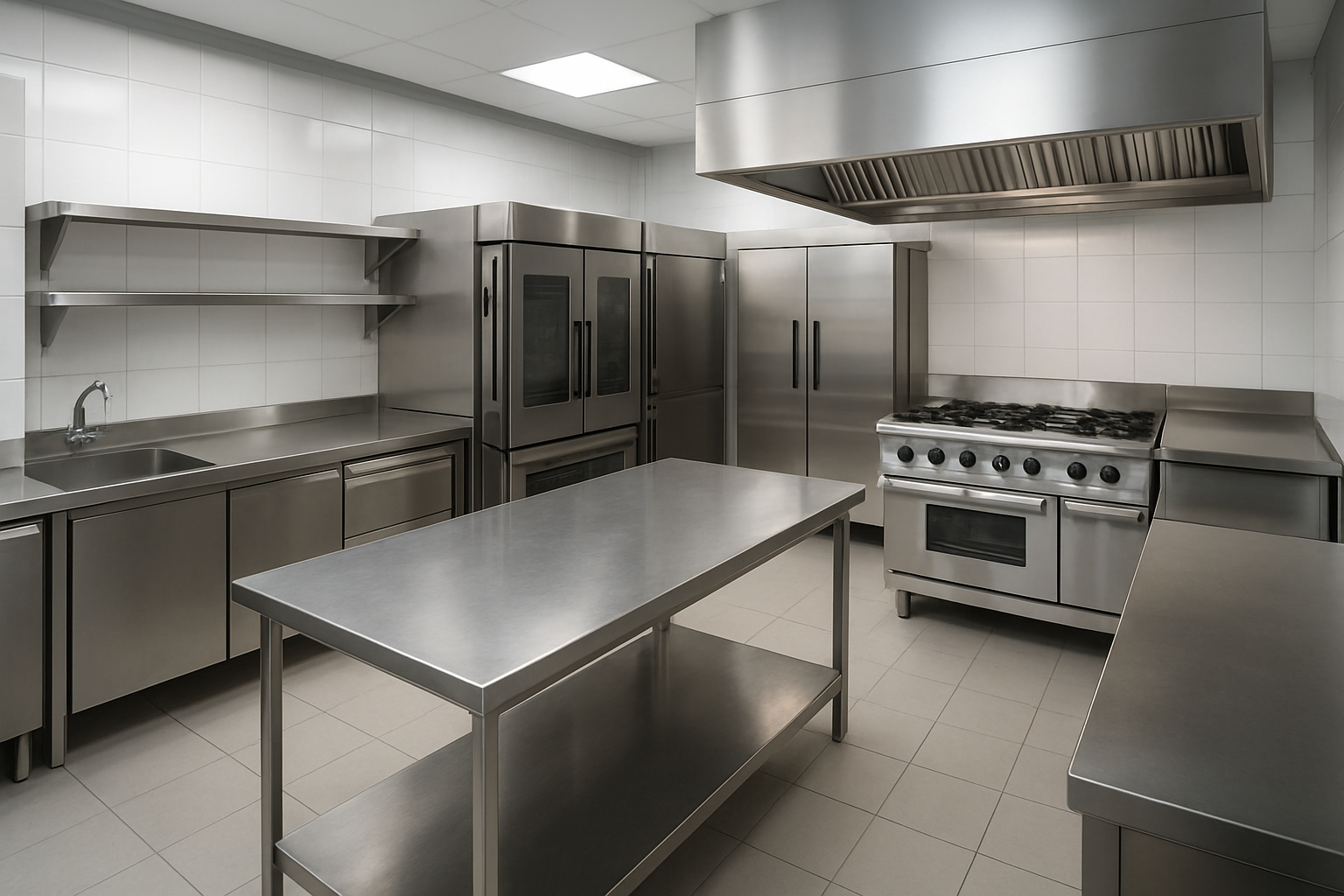 Cocina profesional de hostelería con maquinaria industrial de acero inoxidable lista para servicio