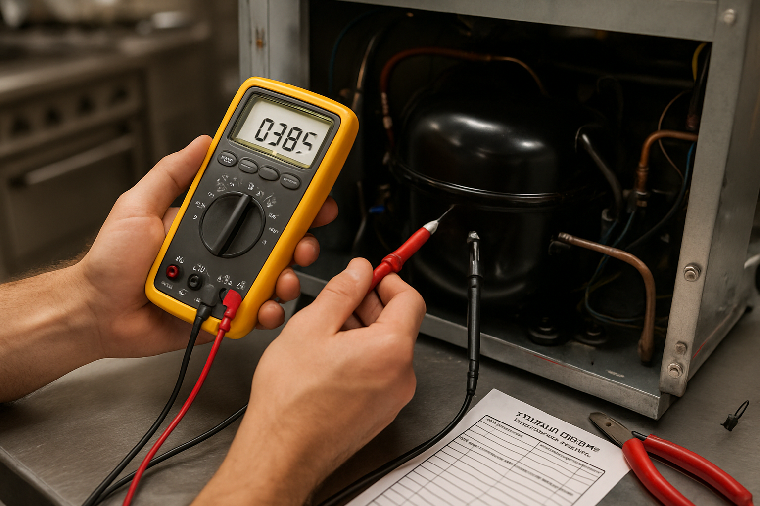 Técnico realizando revisión preventiva de compresor de frío en cocina de restaurante