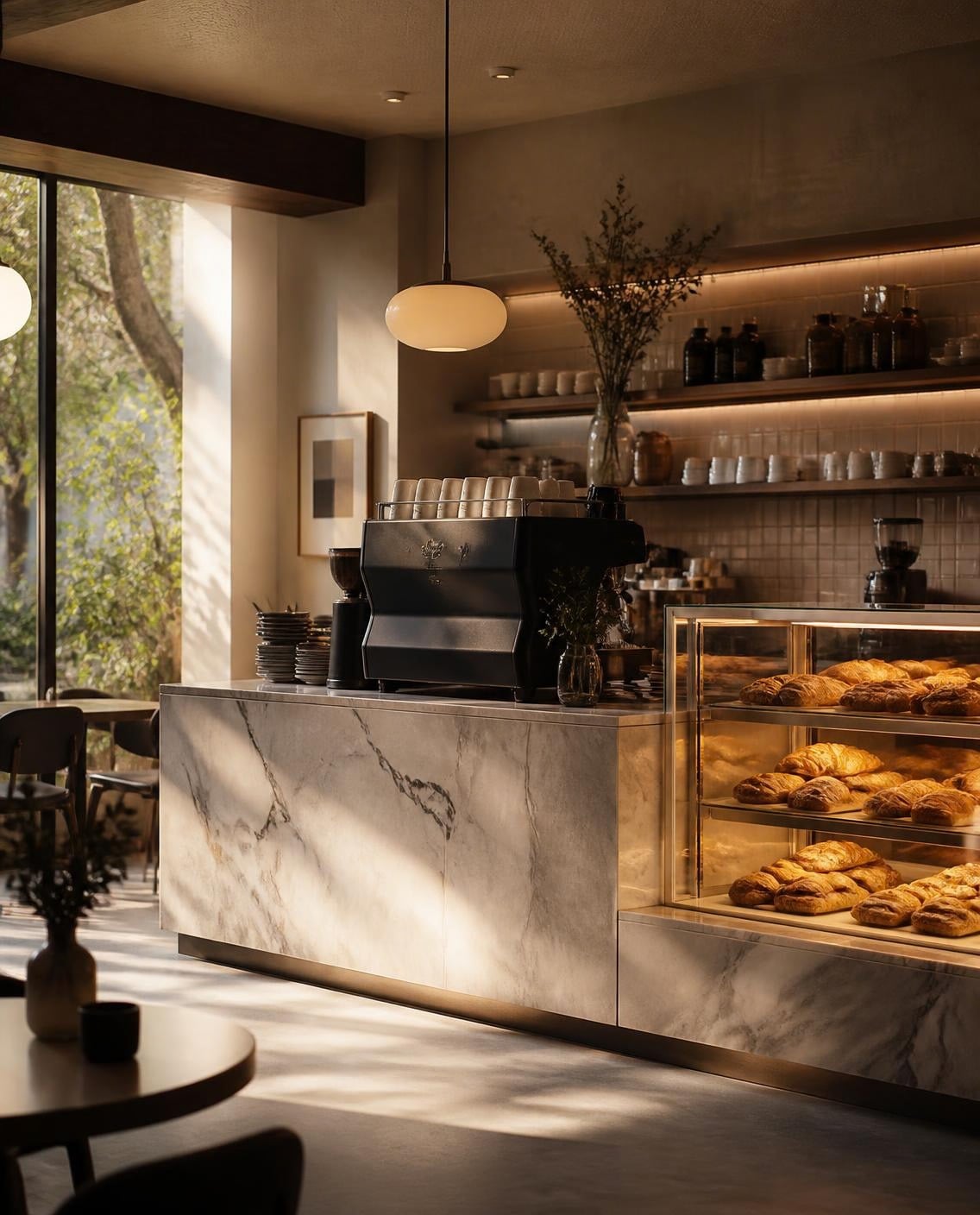Barra de cafetería con vitrina y cafetera profesional — Exposervi