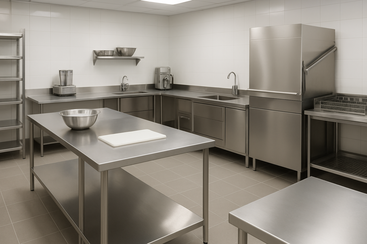 Mobiliario de acero y maquinaria de preparación en cocina colectiva para residencia de mayores