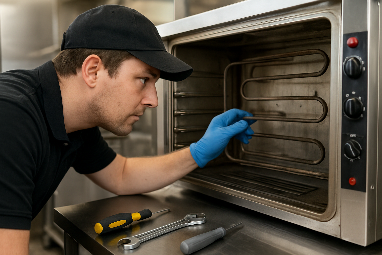Inspección de horno profesional Técnico revisando resistencias de horno de convección en cocina profesional