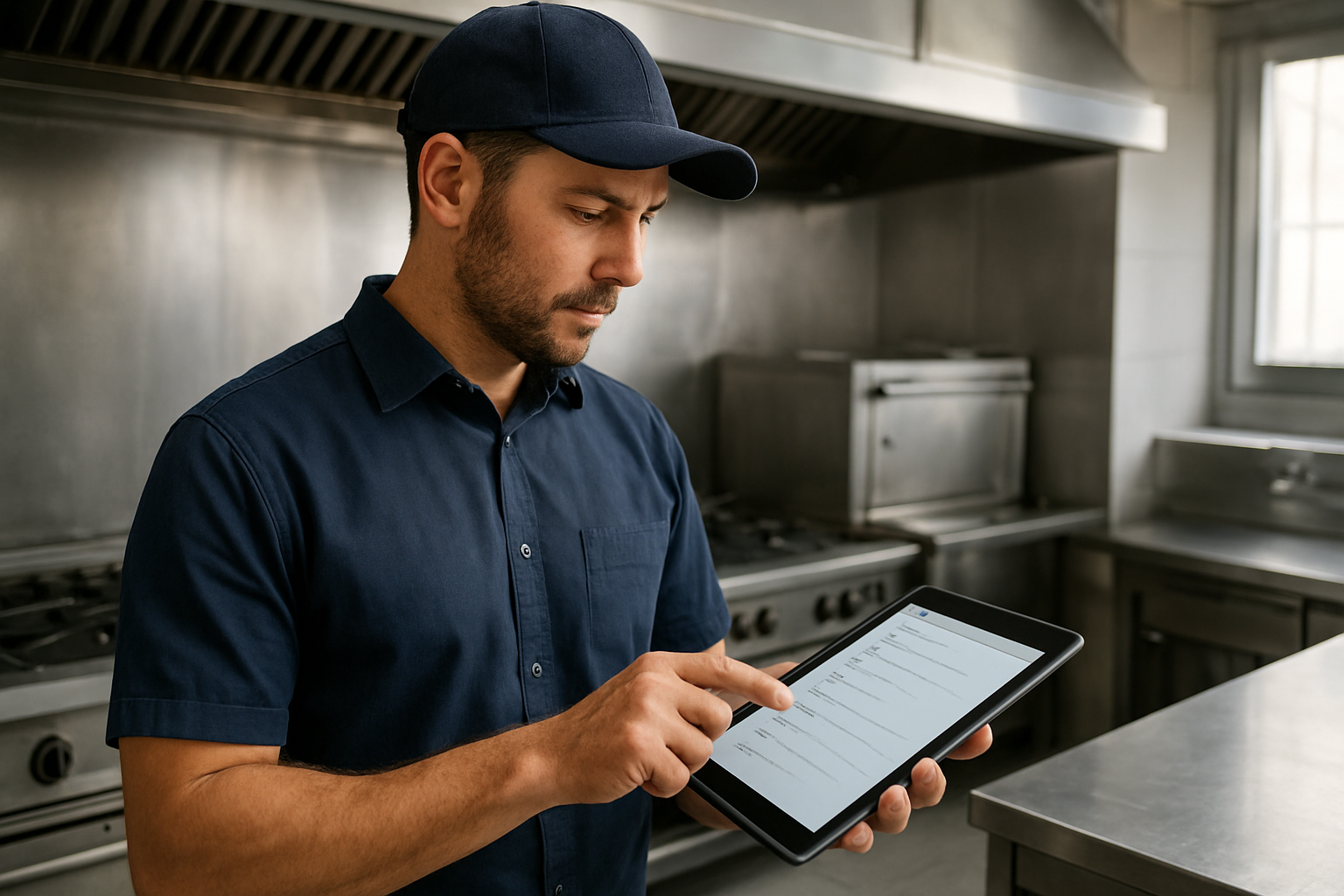 Plan de mantenimiento preventivo en hostelería Técnico de hostelería revisando plan de mantenimiento preventivo de cocina profesional