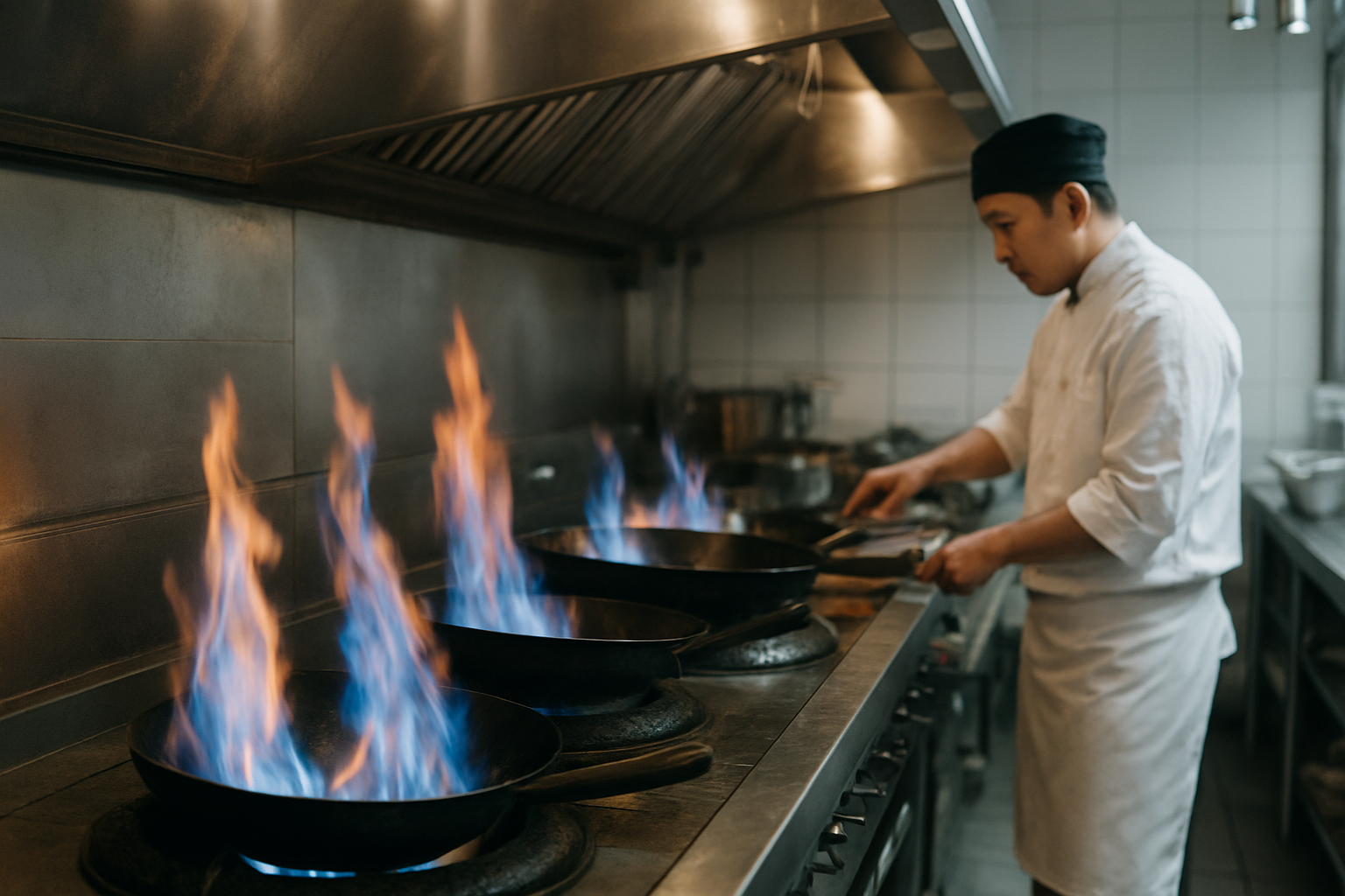 Cocina con quemadores tipo wok y sistema de extracción de humos en restaurante asiático