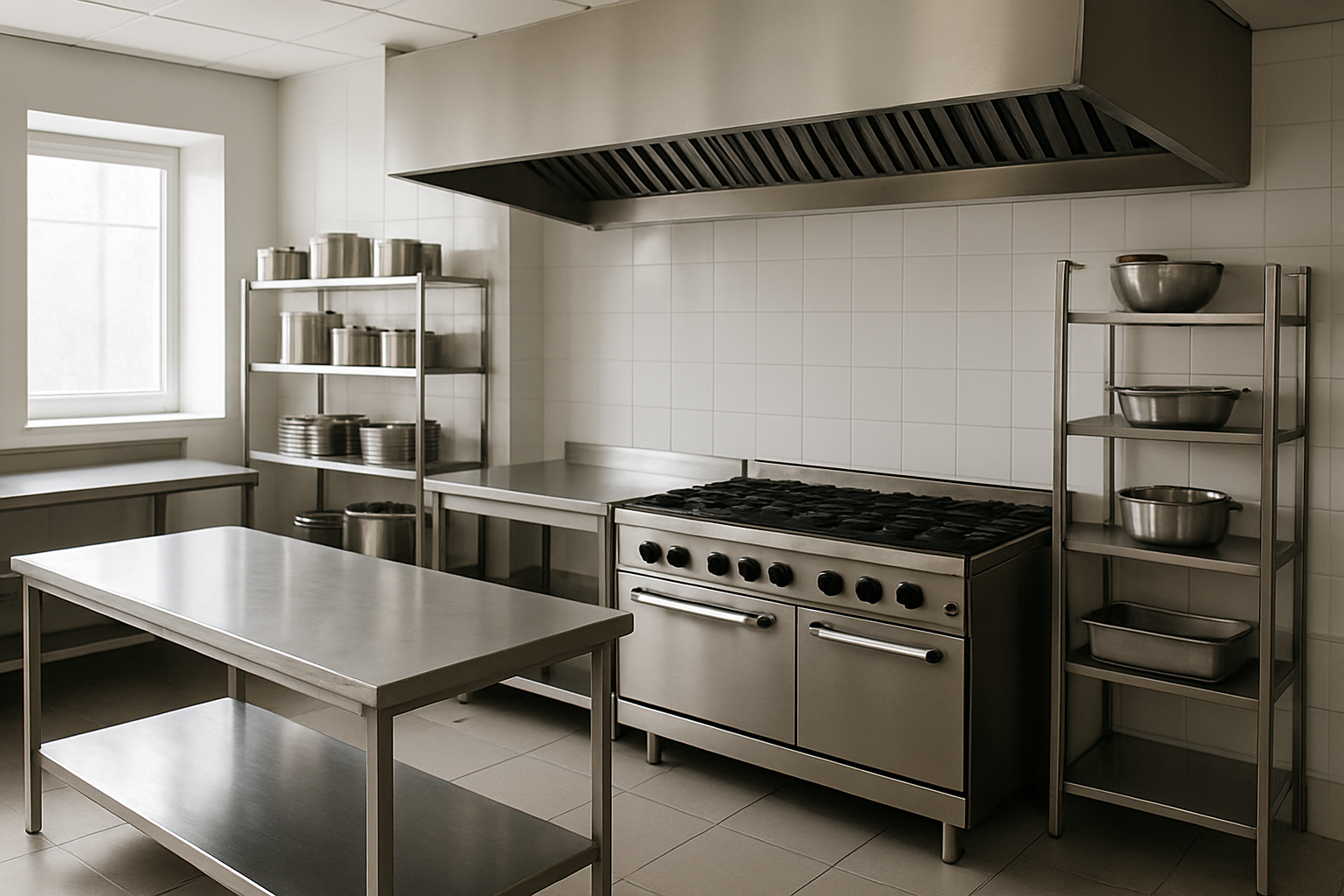 Cocina profesional integral con fogón industrial, mobiliario de acero y extracción de humos