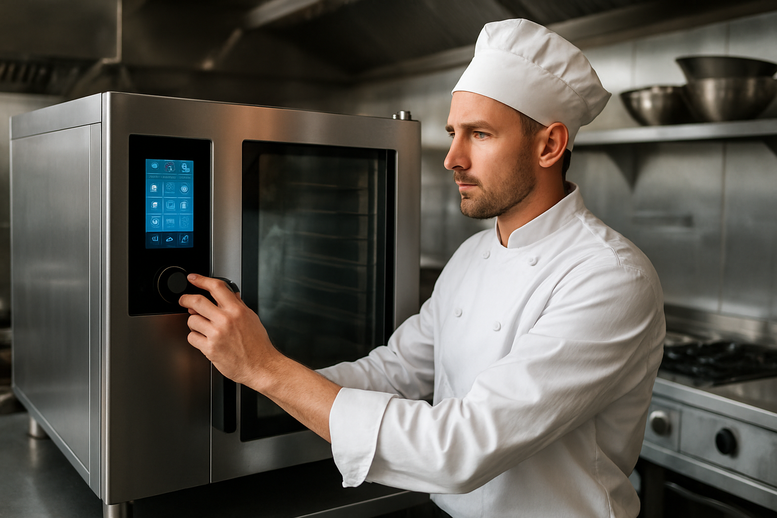 Uso del horno combi en cocina profesional Chef utilizando un horno mixto profesional en cocina de restaurante