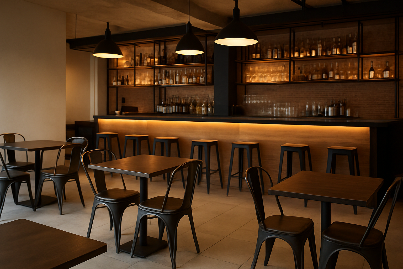 Mobiliario de sala y barra diseñado para gastrobar con acabados industriales